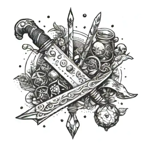 An intricate dotwork tattoo of a cook's knife morphing into a magical wand, with DnD dice and potion bottles scattered around tattoo design idea