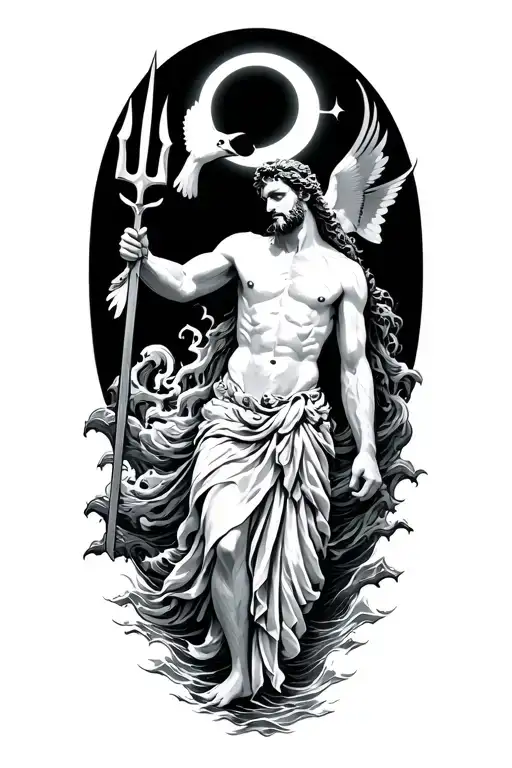 sea, poseidon holding the trident, bird flying tattoo design idea