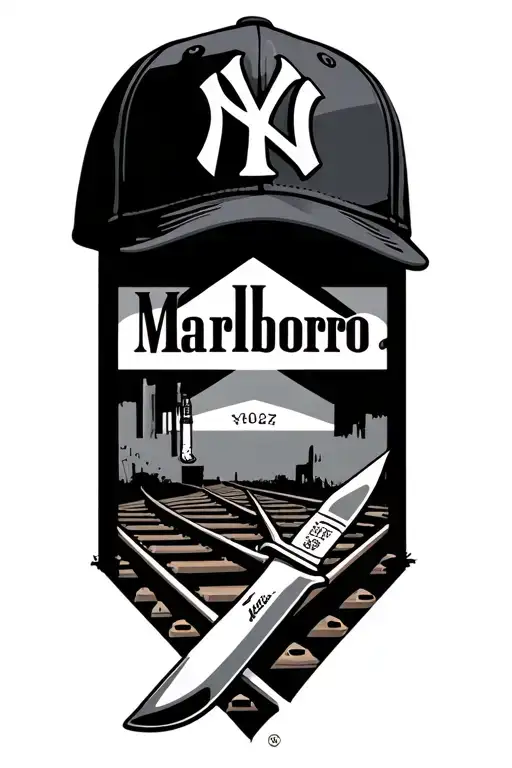 create a set that includes a New York Yankees baseball cap, Marlboro cigarettes, train tracks and butchers knife tattoo design idea