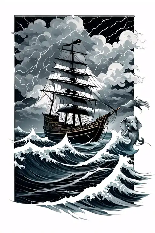 Japanese waves crashing, with a navy ship sailing in a thunderstorm, with a little mermaid and an elephant  tattoo design idea