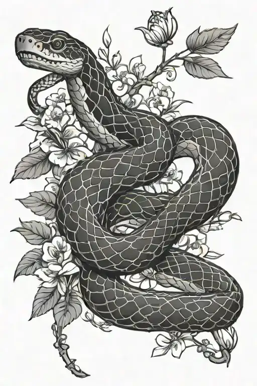 Snake and Flowers Leafs Cherry Blossom branch tattoo design idea