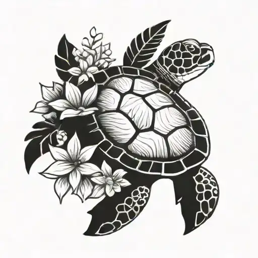 small simple sea turtle with flowers tattoo design idea