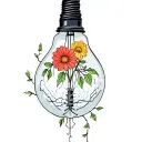 vines lead up to a broken light bulb. a bouquet of flowers are emerging from the bulb. vertical tattoo tattoo design idea
