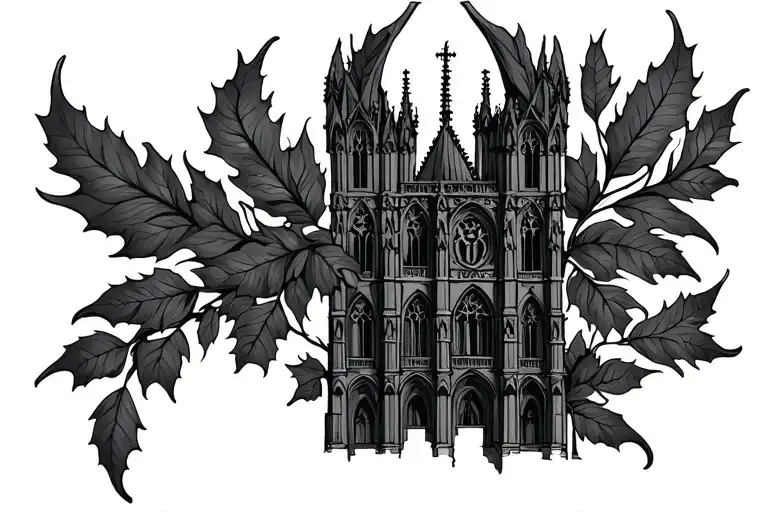 gothic cathedral with leaves intertwined tattoo design idea