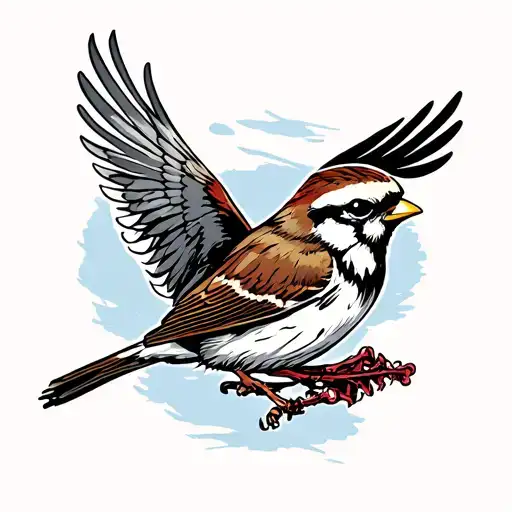 American traditional sparrow in flight tattoo design but the bird is dead and has skeleton showing  tattoo design idea