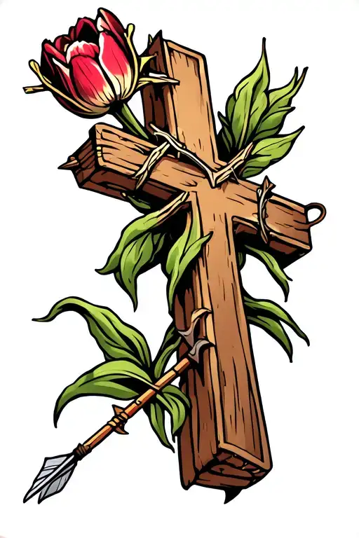 Rustic cross with crown of thorns on top, a tulip growing from left arm, and a quiver with 2 arrows hanging from right tattoo design idea