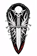 long dagger behind the dark, covered blood, elf, mistic, dead head tattoo design idea