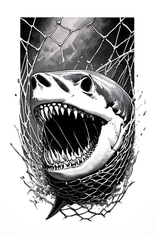 shark skeleton breaks out of the net on the forearm tattoo design idea