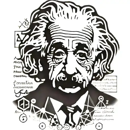 Albert Einstein sad face surrounded by formulas tattoo design idea