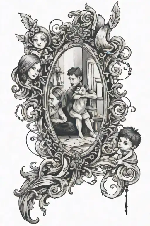 Broken mirror reflecting family, chain around it tattoo design idea