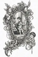 Broken mirror reflecting family, chain around it tattoo design idea