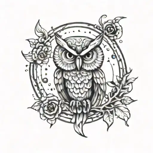 owl and moon phases tattoo design idea