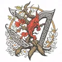 Viking axe and Viking tree with cardinal Forearm sleeve tattoo black and grey tattoo design idea