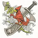 Viking axe and Viking tree with cardinal Forearm sleeve tattoo black and grey tattoo design idea