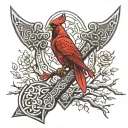 Viking axe and Viking tree with cardinal Forearm sleeve tattoo black and grey tattoo design idea