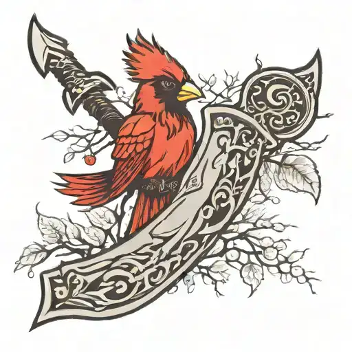 Viking axe and Viking tree with cardinal Forearm sleeve tattoo black and grey tattoo design idea