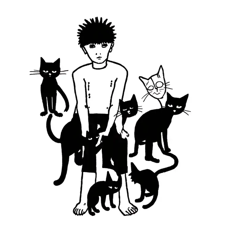 punk rock young man with gang of cats tattoo design idea