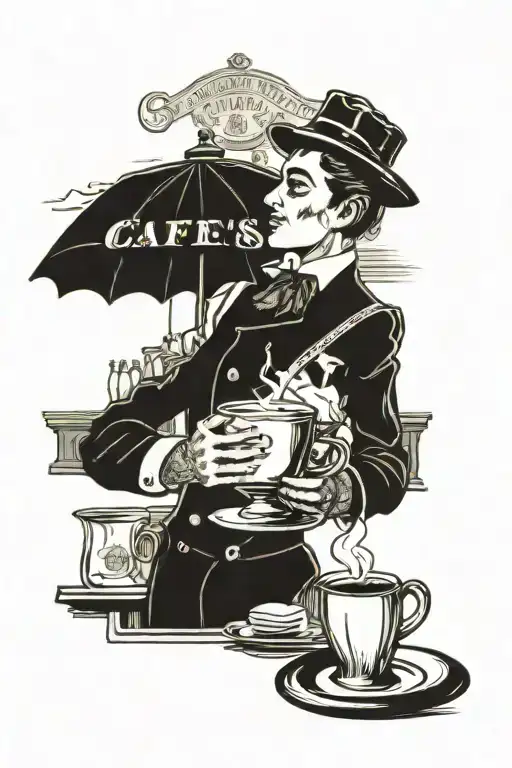 Vintage French cafe scene with a barista serving coffee tattoo design idea