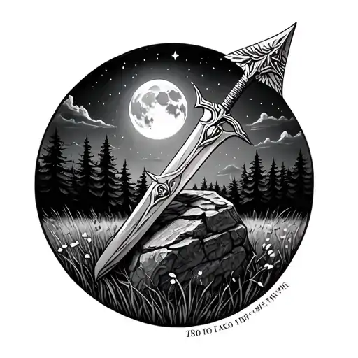 For the foreground a meadow, forest in the background, Excalibur in the stone is close to the forest, moon in the starry sky tattoo design idea