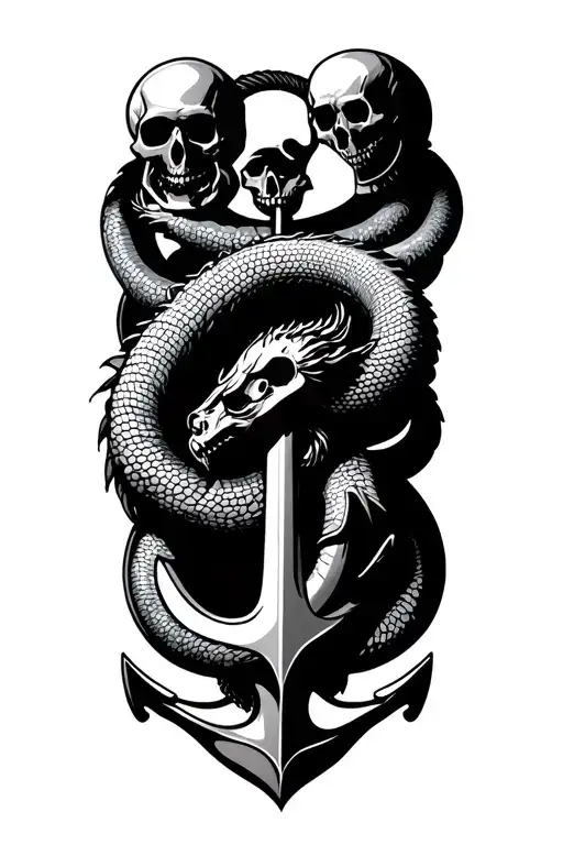 anchor wrapped in sea serpent surrounded by skulls tattoo design idea