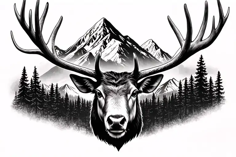 elk head mountain black tattoo design idea