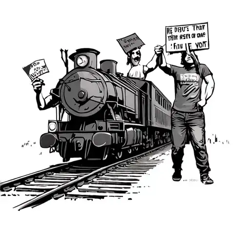  Three energetic protesters are holding signs with a train arriving in the tracks in baground style of stencils. tattoo design idea