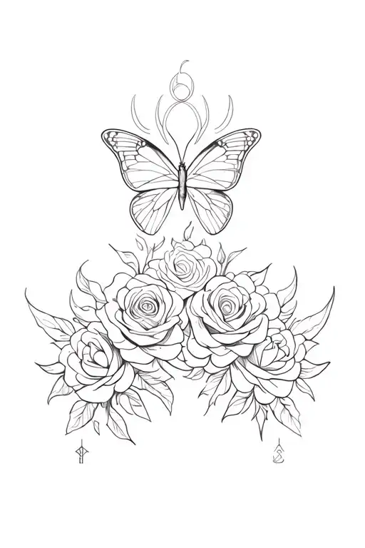 tribal tattoo with a butterfly adorned with roses in the middle with symbols on the sides tattoo design idea