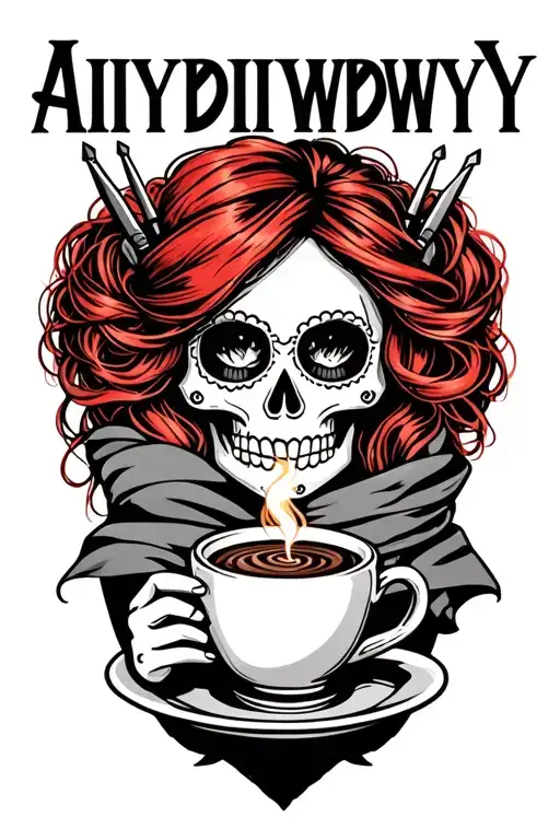 "AIYDIWDWY" "AIYDIWDWY" "AIYDIWDWY" sugar skull with red hair with crochet hooks, wearing a hair scarf holding a steaming coffee tattoo design idea