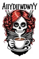 "AIYDIWDWY" "AIYDIWDWY" "AIYDIWDWY" sugar skull with red hair with crochet hooks, wearing a hair scarf holding a steaming coffee tattoo design idea