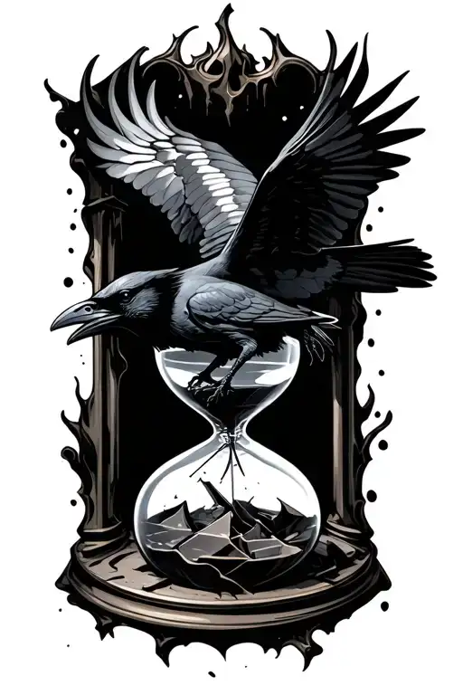 a raven flying out of the top of a broken hourglass. intricate tattoo design idea