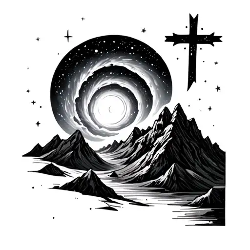 A nebula vortex swirls above the mountains, surrounded by a cross of stars. tattoo design idea