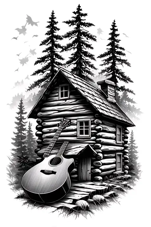 Log Cabin With An Acoustic Guitar Nature Scene  tattoo design idea