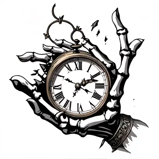 Generate a traditional black and grey tattoo design with an open skeleton hand holding a broken clock tattoo design idea