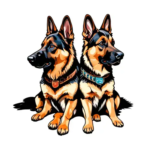 two German shepherd dogs sitting back to back. tattoo design idea