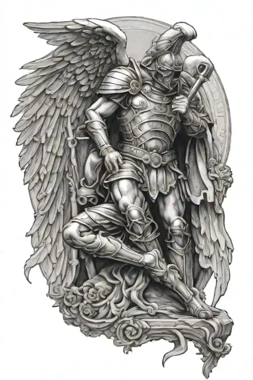 arch angel and roman soldier kneeling tattoo design idea