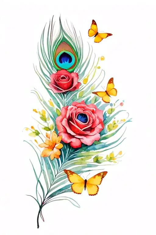 peacock feather with red roses and yellow butterflies  tattoo design idea
