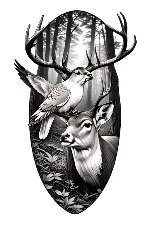 dove and whitetail deer with woods background tattoo design idea