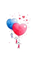 5 cartoon children hanging from a love heart balloon colour splash background  tattoo design idea