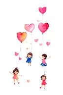 5 cartoon children hanging from a love heart balloon colour splash background  tattoo design idea
