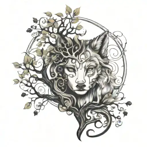 tree of life as a background with a half wolf and half woman face tattoo design idea