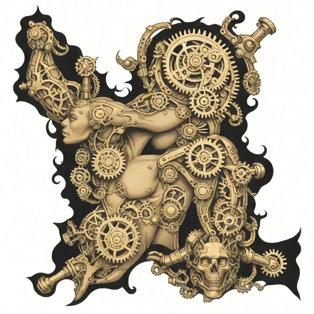 A biomechanical tattoo on the shoulder, featuring large exposed gears and mechanical parts integrated with the body. The design has a realistic 3D effect, with metallic machinery blending smoothly with the surrounding skin, creating a fusion between human anatomy and robotics. tattoo design idea