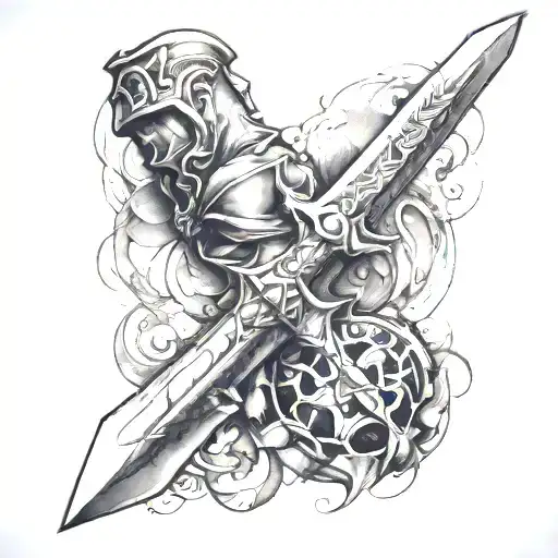 video game concept sleeve with master sword assassin's creed logo god of war tattoo design idea