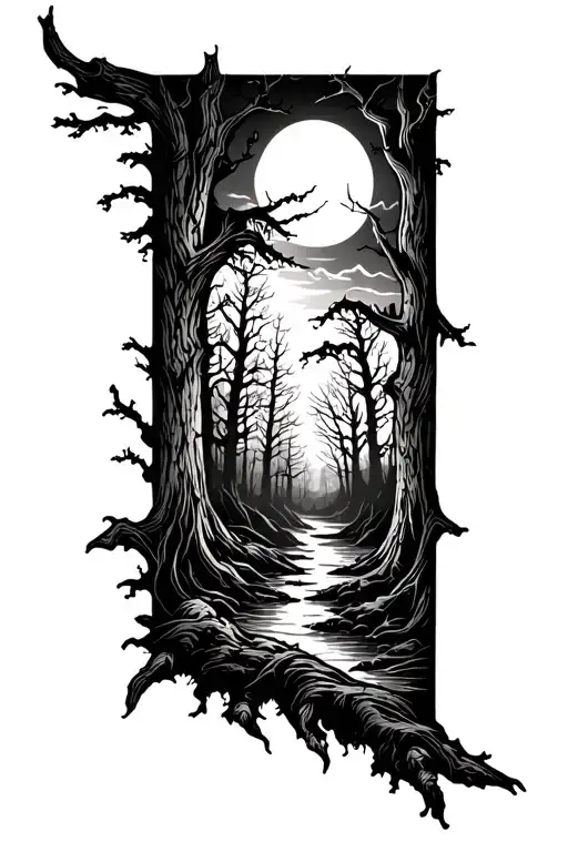 “A black-and-white forearm tattoo illustration of a  eerie haunted forest. The design features many slender, tw tattoo design idea