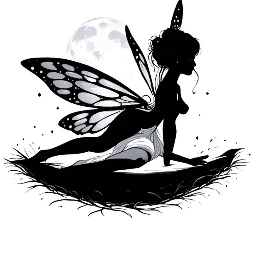 The silhouette of a fairy lies on the floor of the moon on her back. This fairy has arched her back and holding chest tattoo design idea