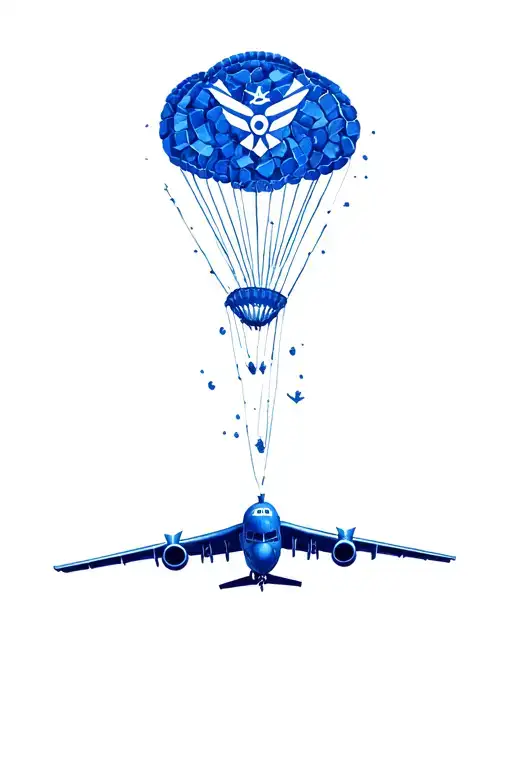 Air Force symbol made out of blue crayons being dropped out a C-130 like it is a paratrooper and make it badass looking tattoo design idea