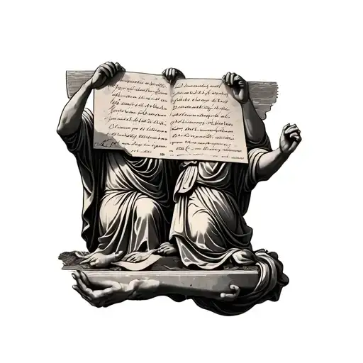 Inside of male left forearm: two religious statued figures holding up a large paper script above them into the sky of a  tattoo design idea