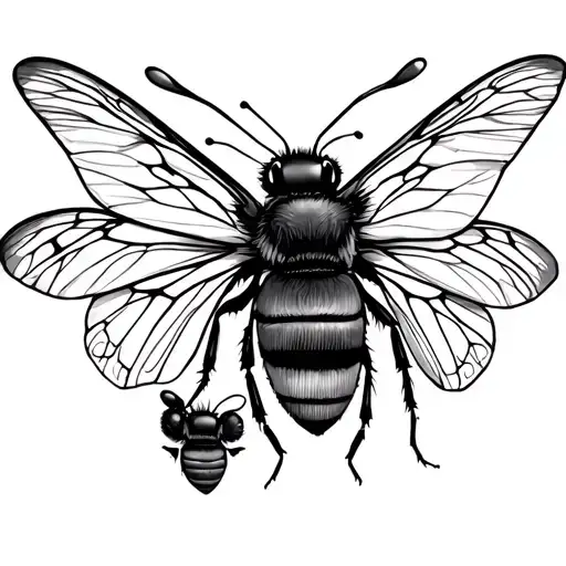 Draw a mother daughter matching tatoo, black and white bee and butterfly, geometric, basic tattoo design idea