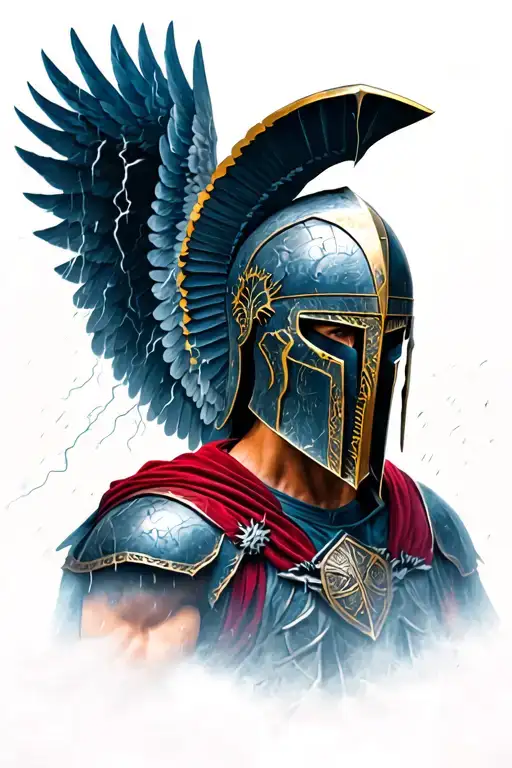 scarred spartan helmed. in a thunder storm. sm angel is trying tattoo design idea
