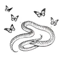 a swivelling snake with multiple butterflies flying around it  tattoo design idea