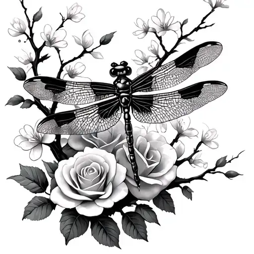 gothic small dragonfly merged with roses and cherry blossom tree tattoo design idea